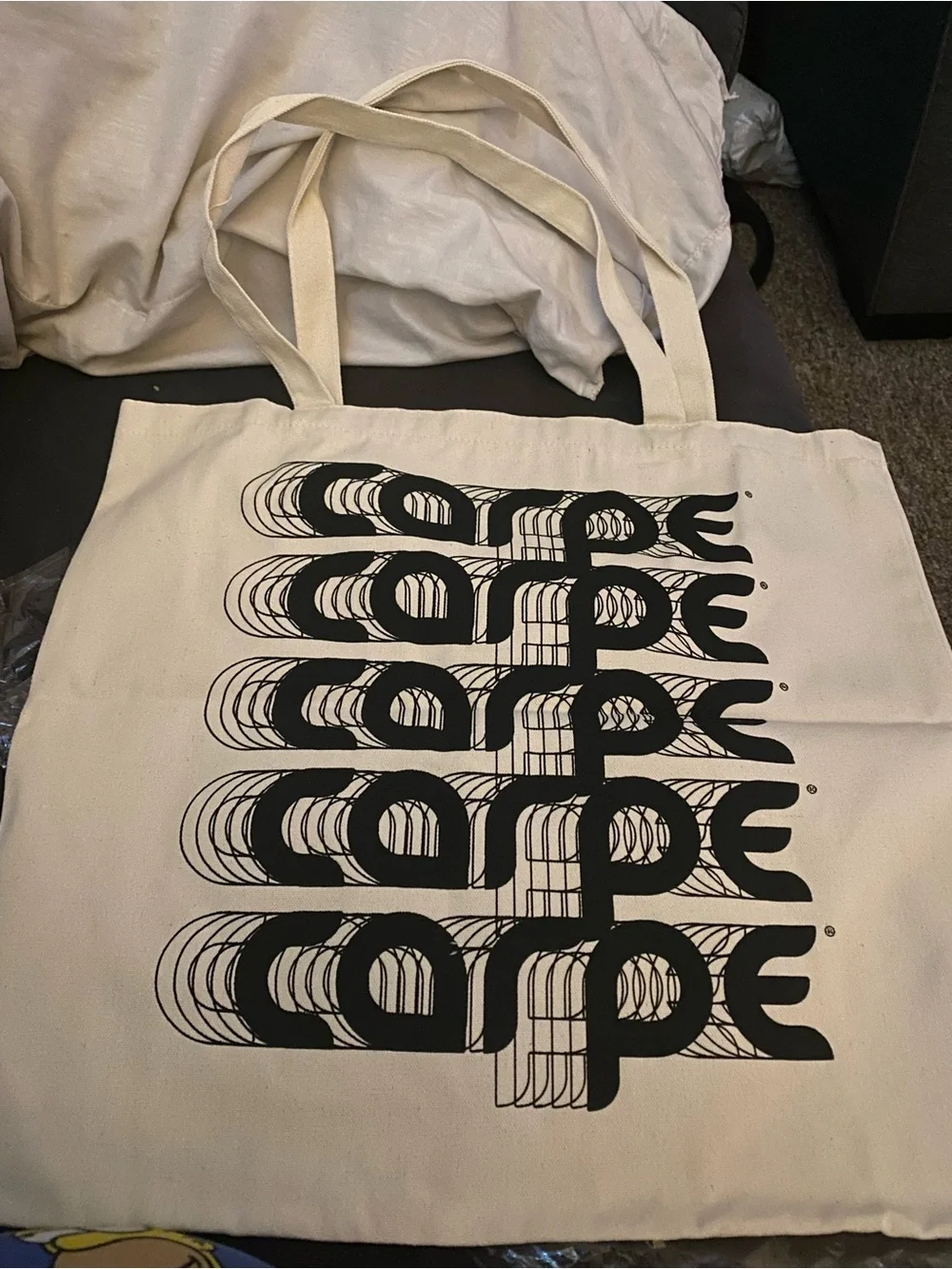 Canvas Tote Bag with Black Graphic Print - Cream